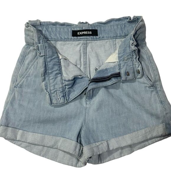 Express Super High Waisted Denim Belted Paperbag Shorts Size 0 - Picture 3 of 7
